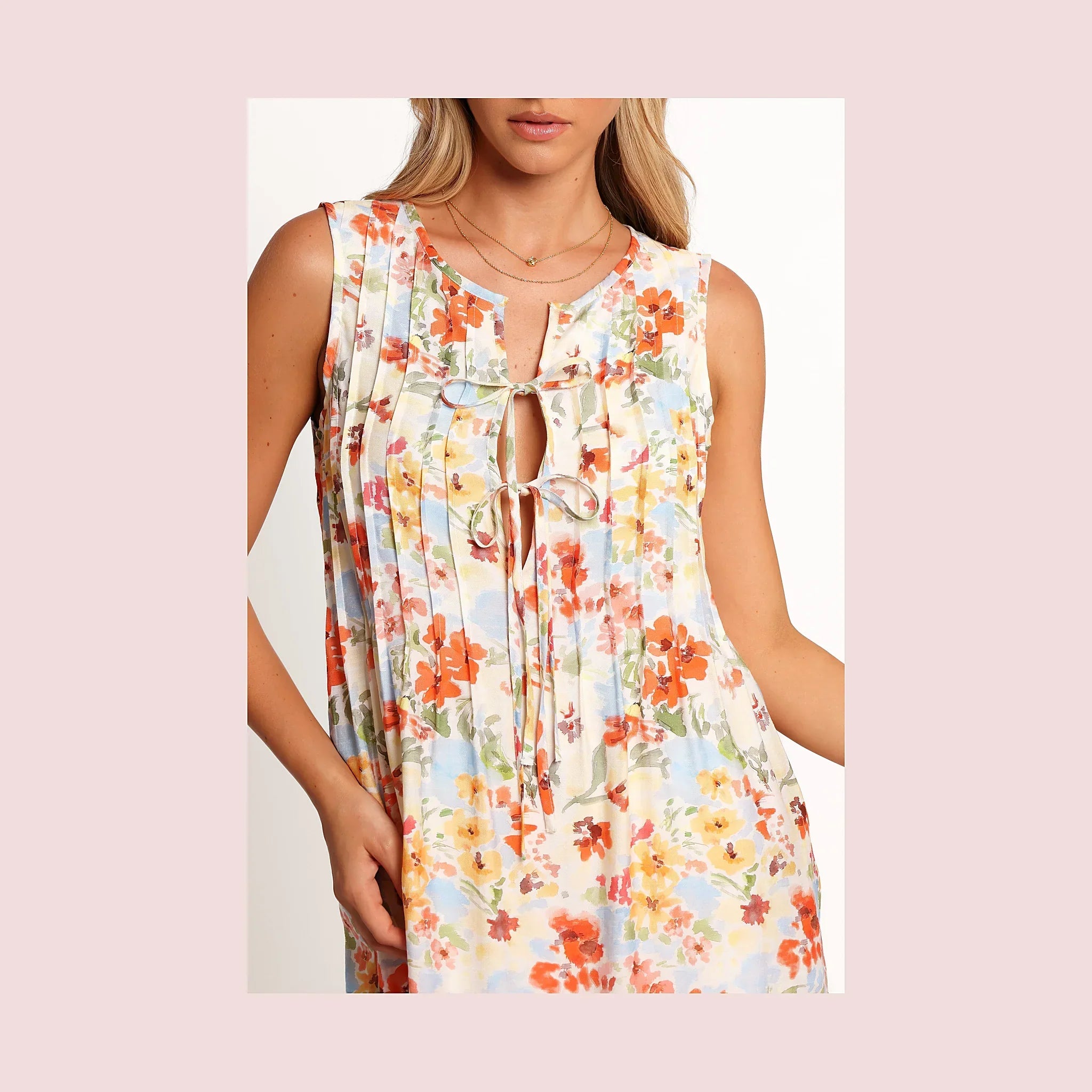 A close view of a multicoloured floral print dress.