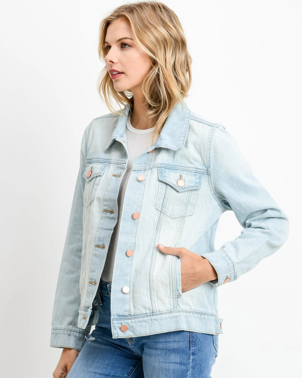Light wash oversized denim jacket, soft washed finish