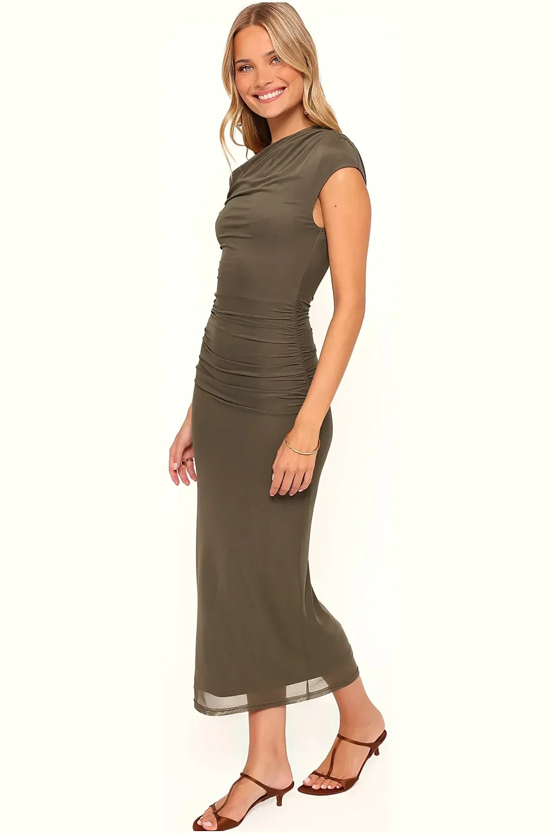Floor-length olive dress in a plain finish