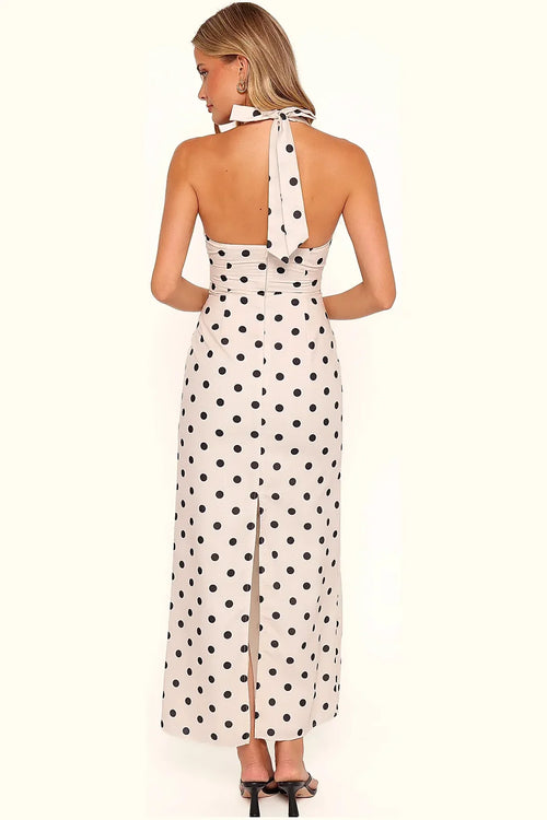 White polka dot cotton maxi dress with a halterneck