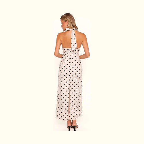White polka dot cotton maxi dress with a halterneck
