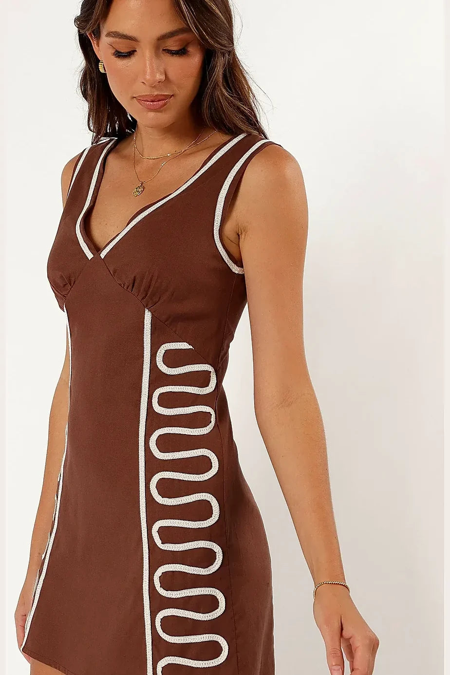 Chocolate brown linen mini dress with embroidery, front view