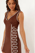 Chocolate brown linen mini dress with embroidery, front view