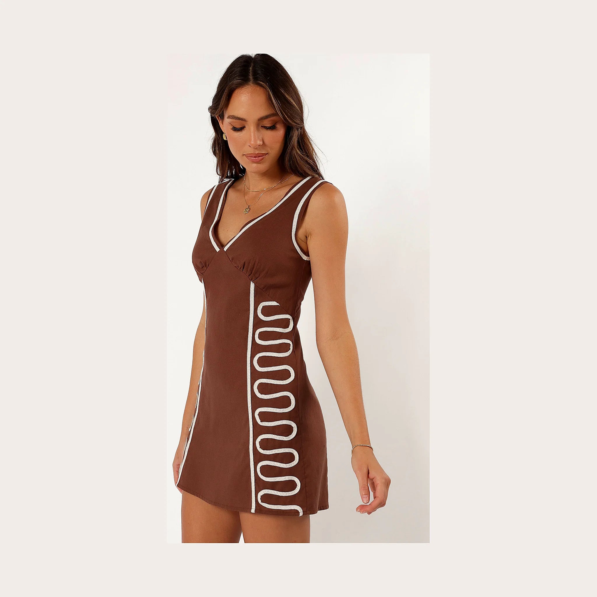 Chocolate brown mini dress with a V-neckline