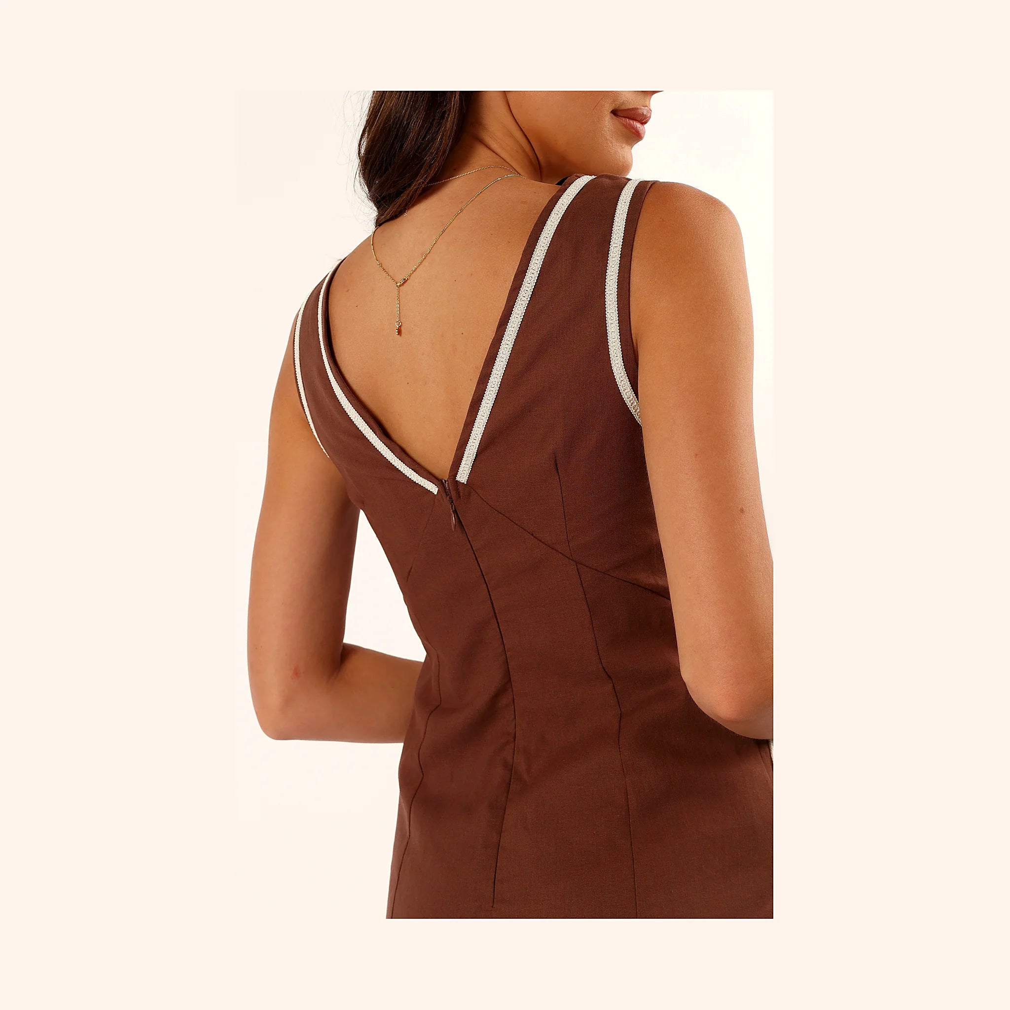 Deep brown mini dress with embroidery detail