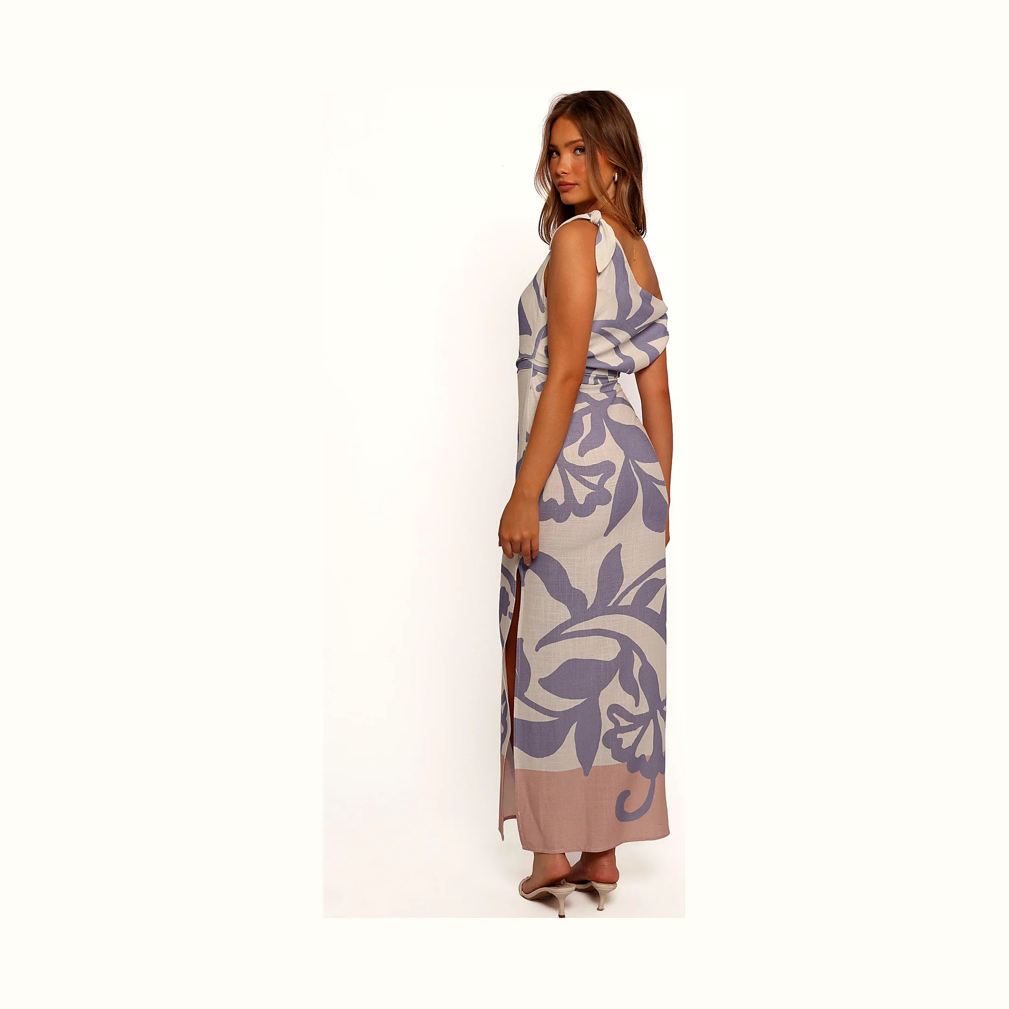 Asymmetric neckline dress in a bold floral pattern