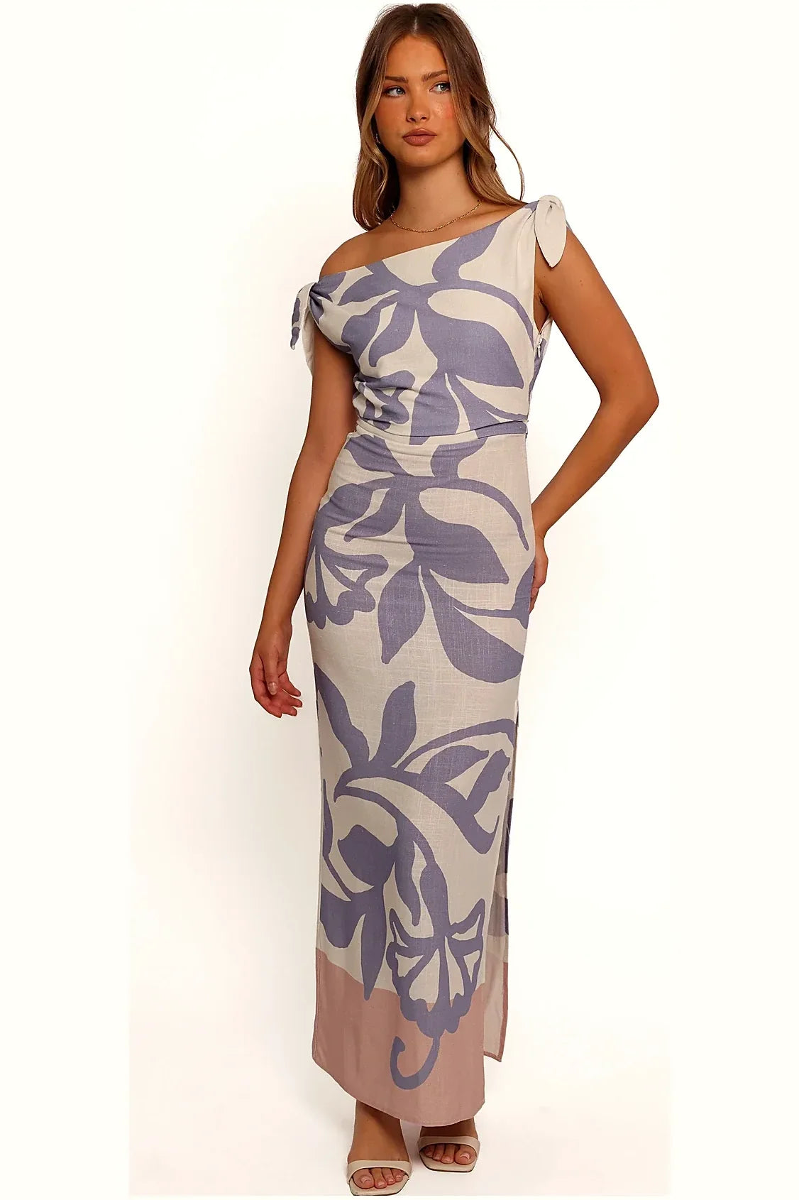 One-shoulder midi dress in a large-scale floral print