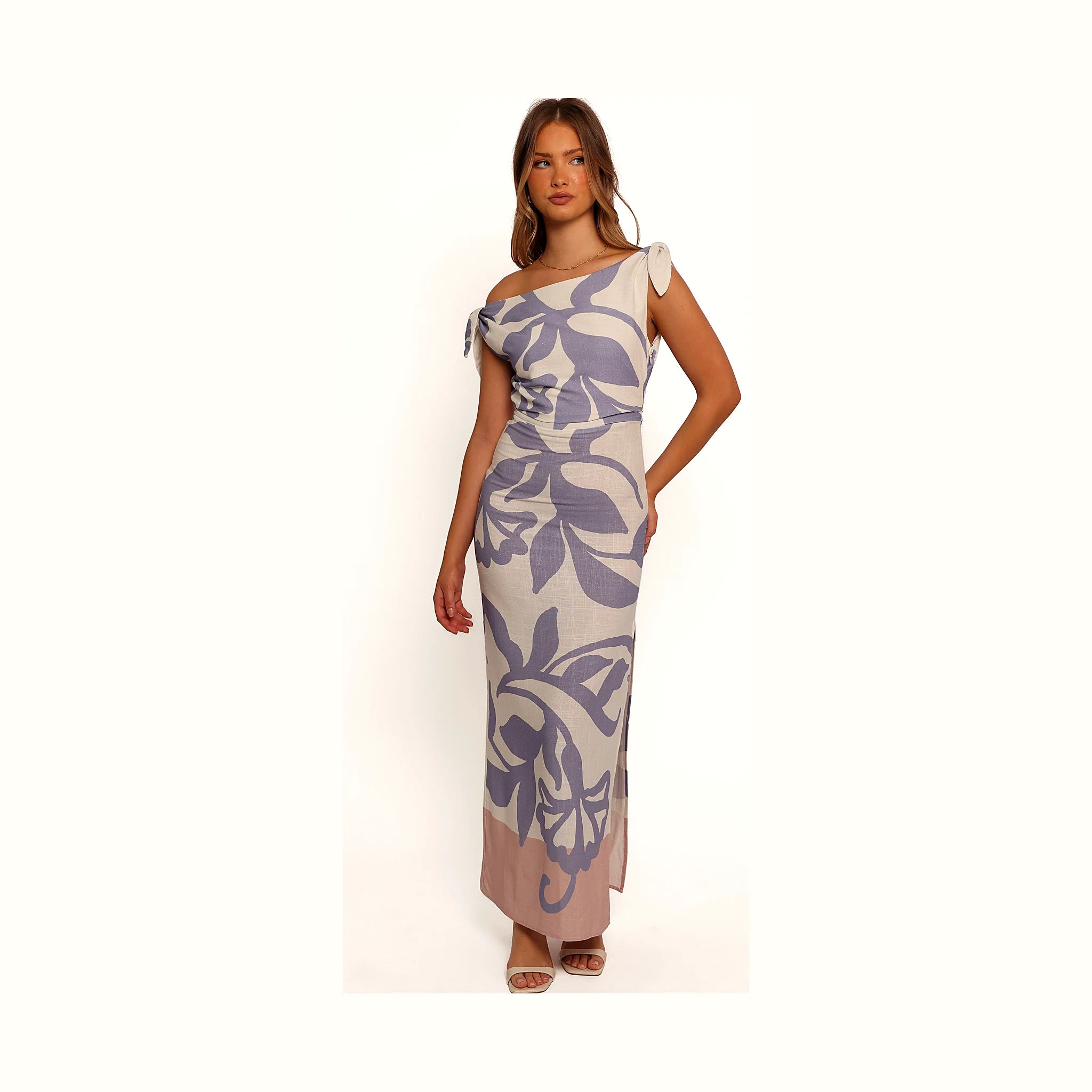 One-shoulder midi dress in a large-scale floral print