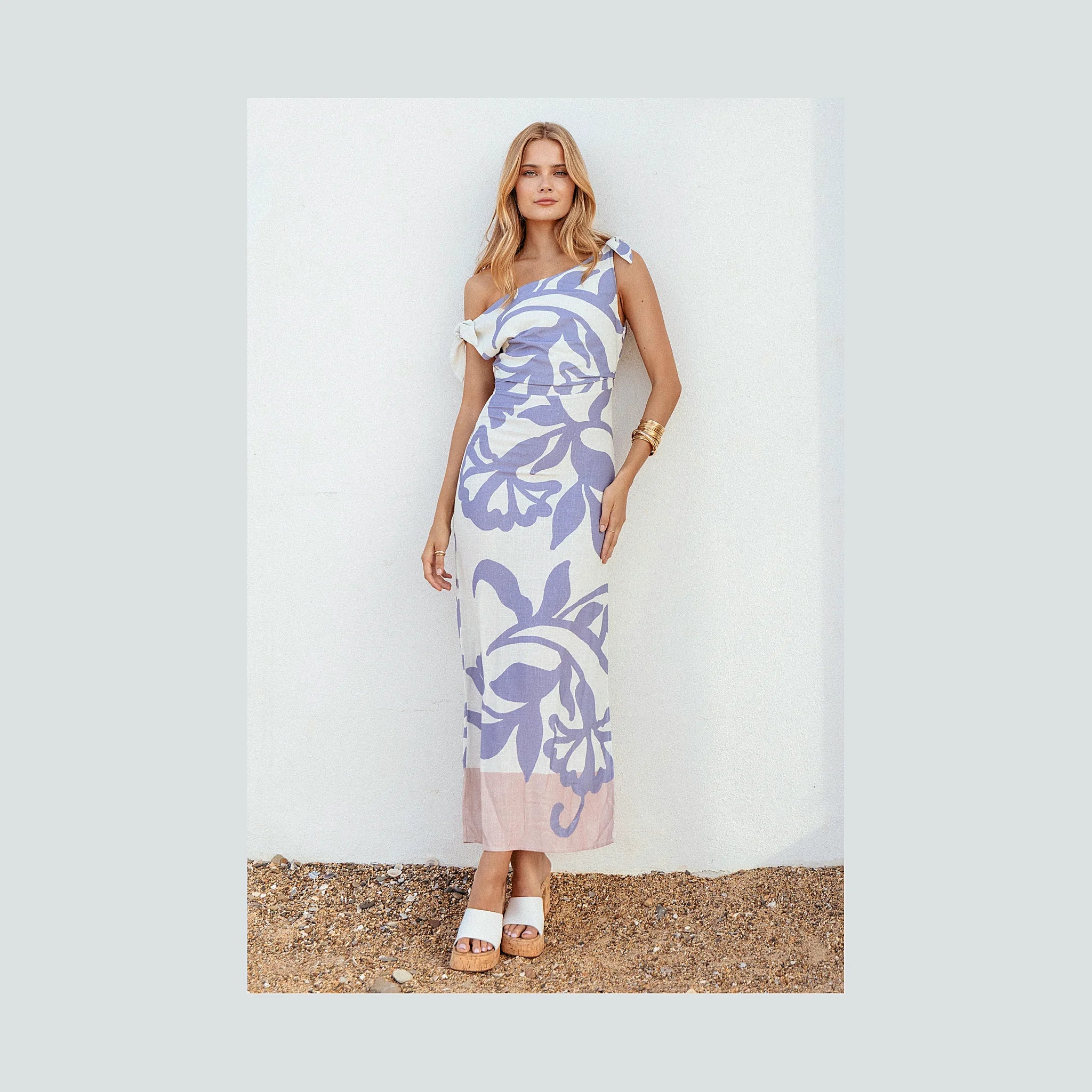 Mid-length floral dress with tie-close shoulder straps