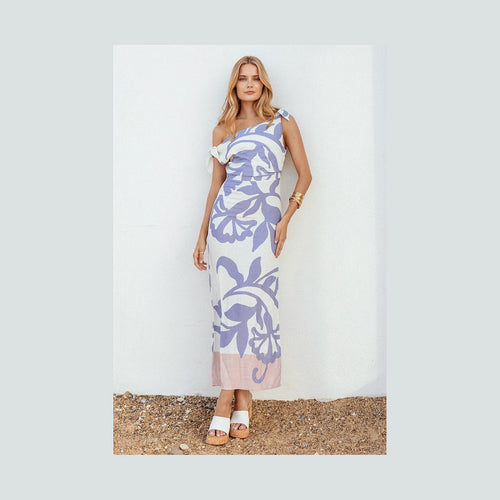 Mid-length floral dress with tie-close shoulder straps