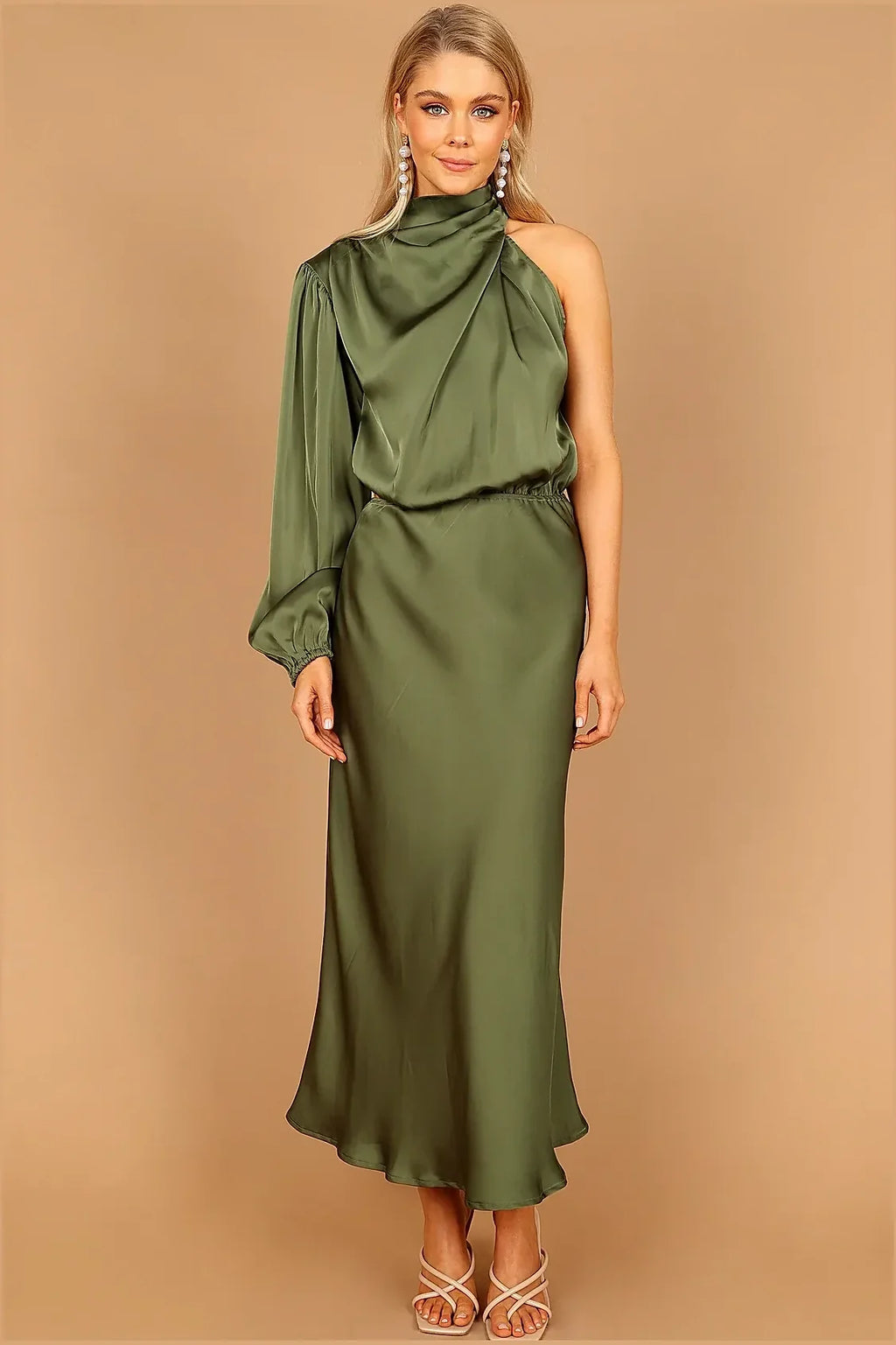 Back view of the olive satin midi dress