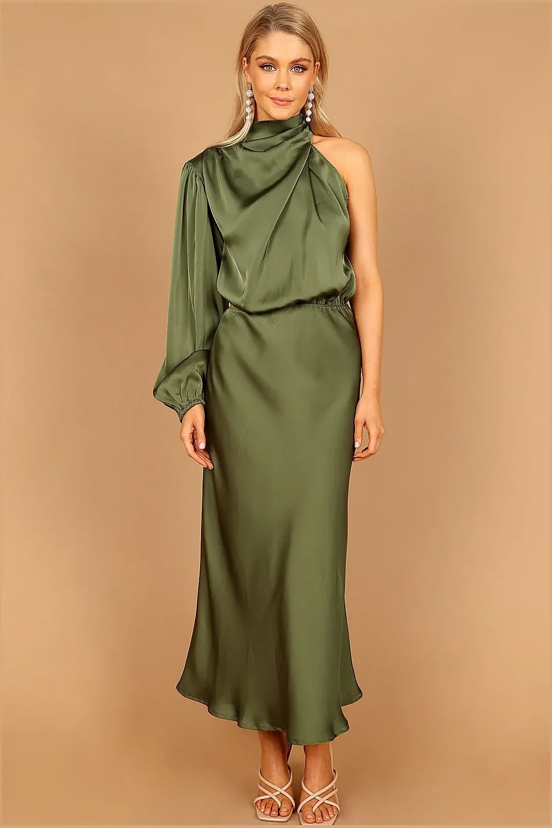 Mid-length olive dress with a side cut-out and elasticised waistband