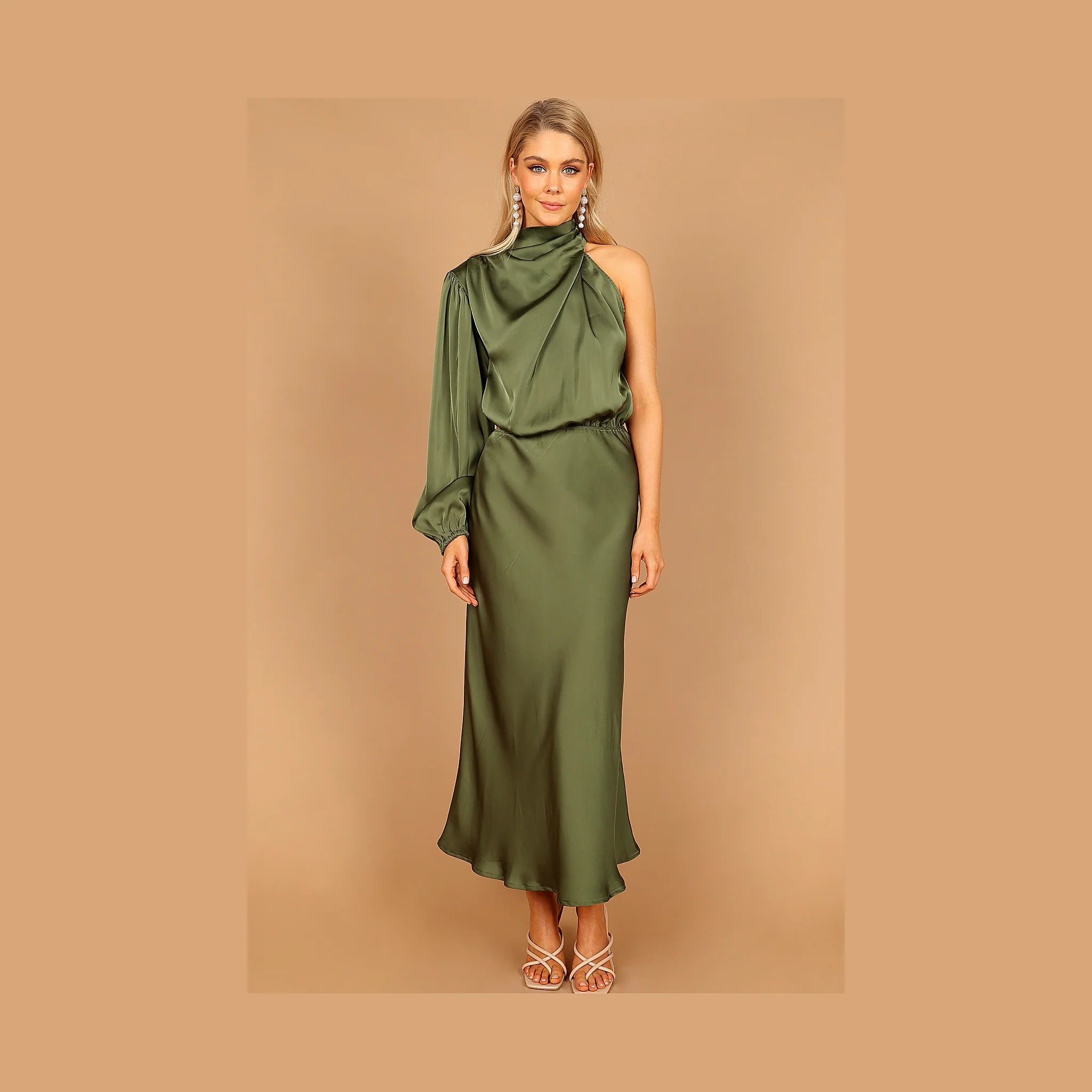 Mid-length olive dress with a side cut-out and elasticised waistband