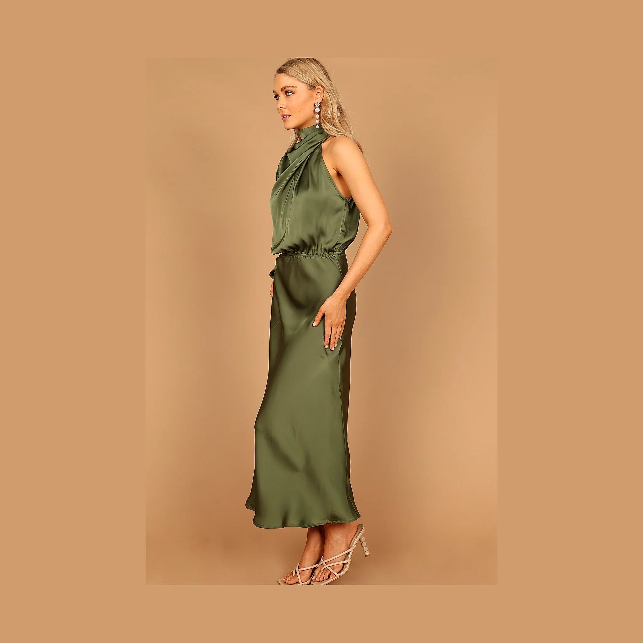 Soft satin dress in olive with a single long sleeve