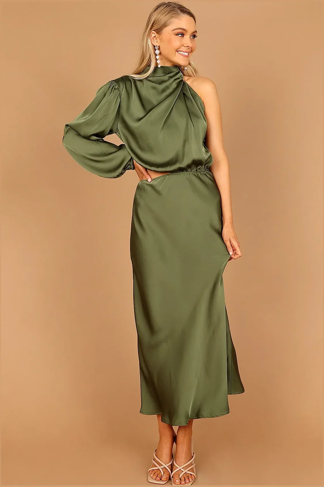 Amelie One Shoulder Midi Dress - Olive