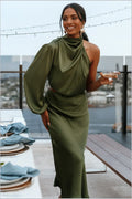 Olive satin one-shoulder midi dress with side cut-out, front view