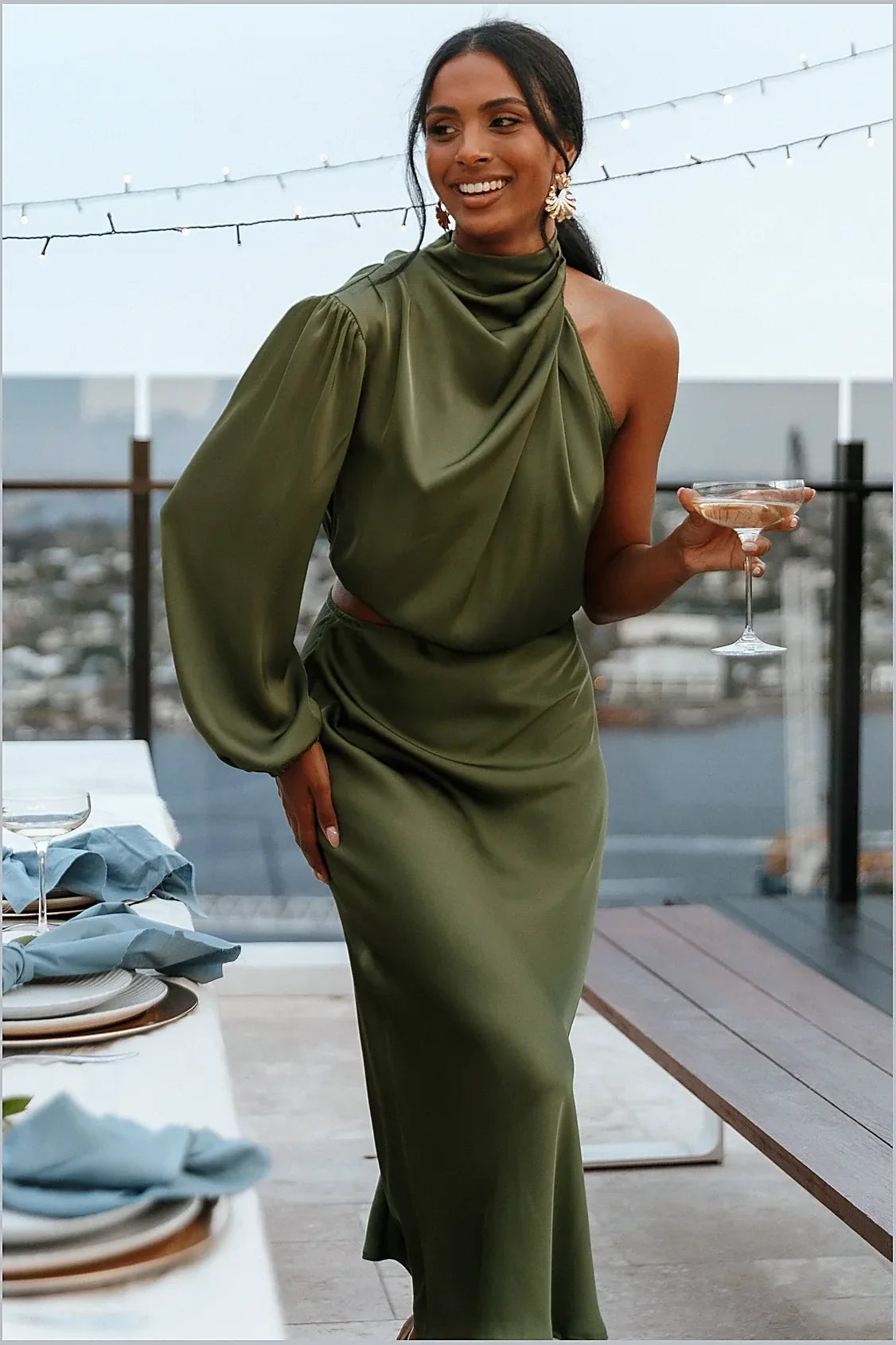 Olive satin midi dress with a one-shoulder asymmetric neckline