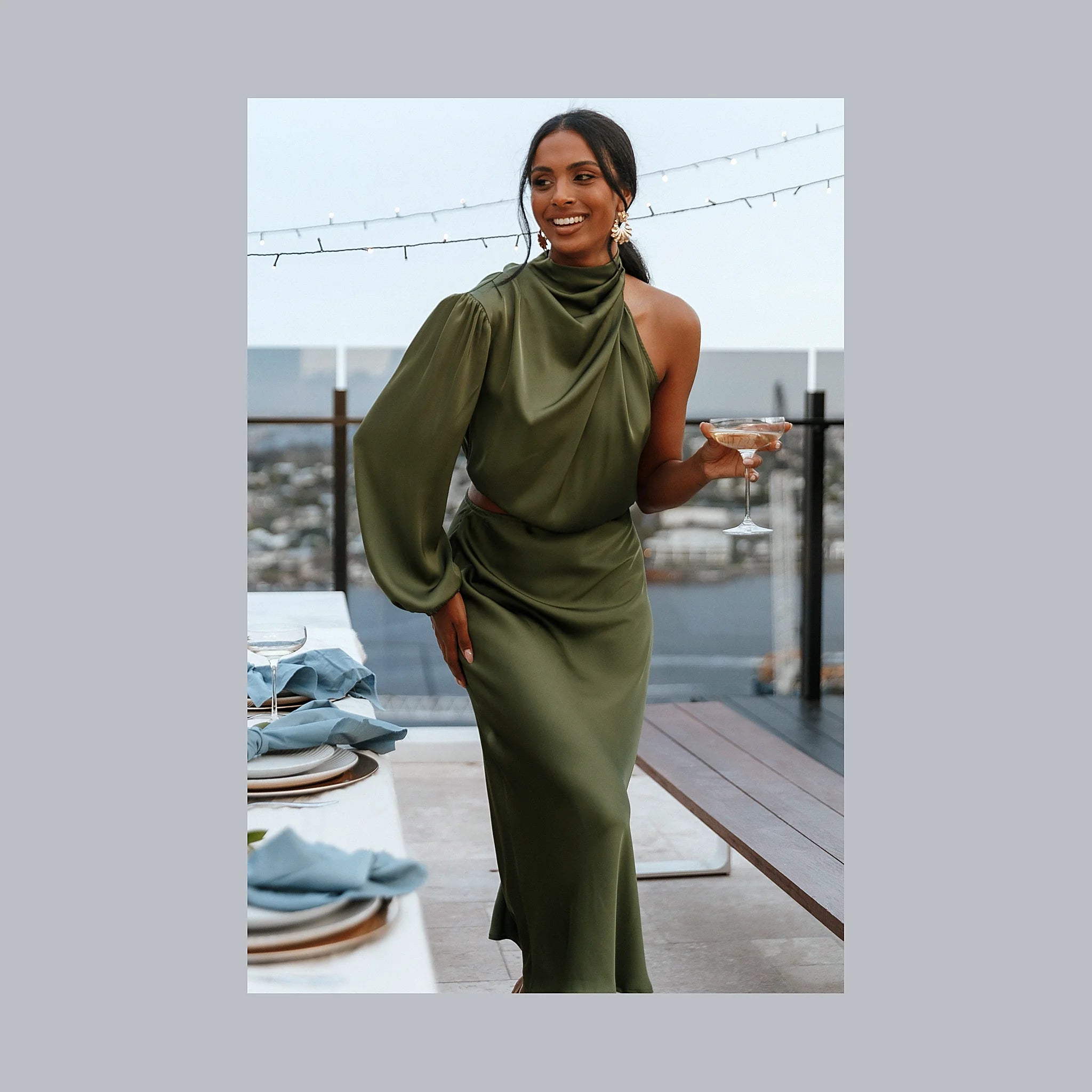 Olive satin midi dress with a one-shoulder asymmetric neckline