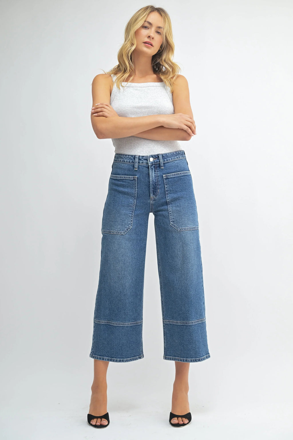 Cropped hem on a black high-rise wide-leg jean