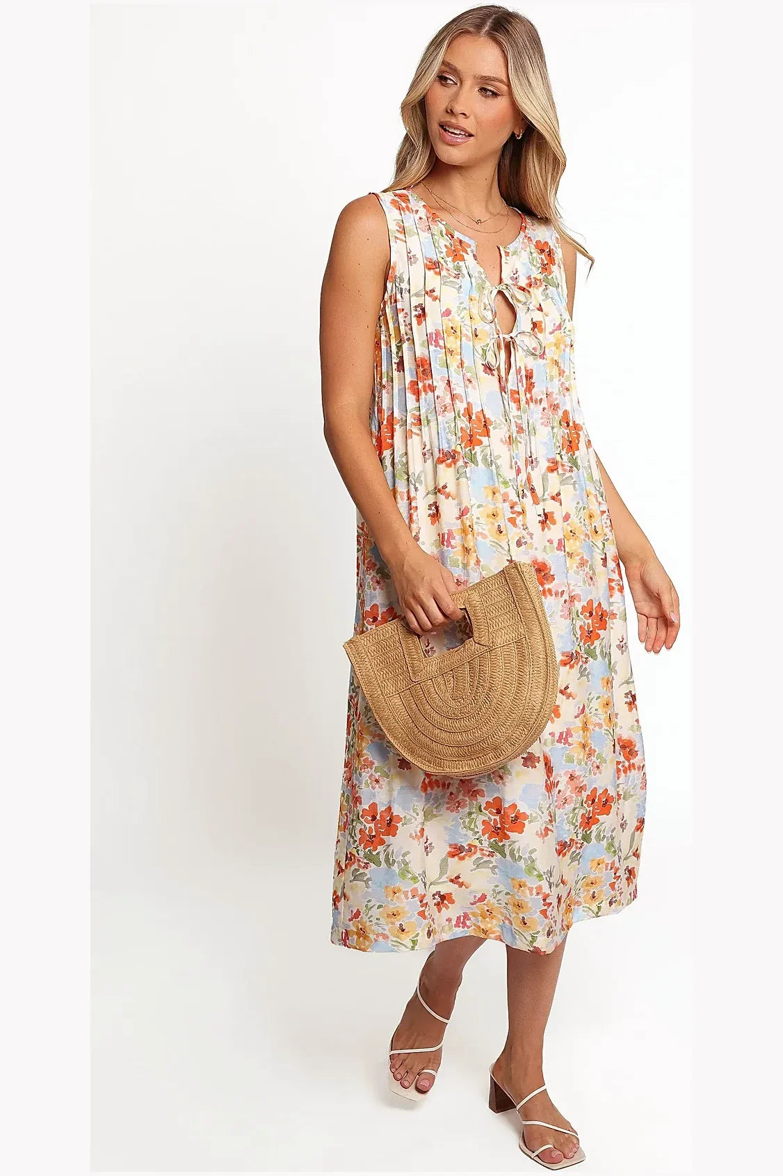 Unlined floral dress with a tie-close V-neckline
