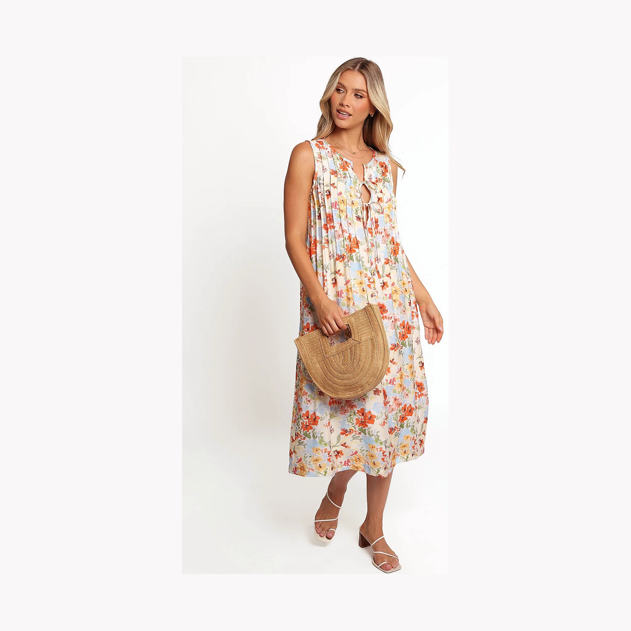 Unlined floral dress with a tie-close V-neckline