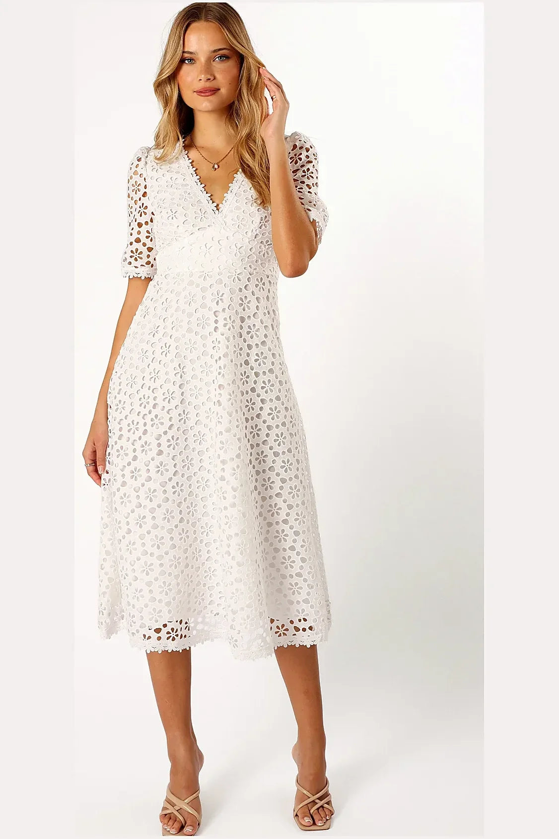 Close-up of the anglaise embroidery on the white cotton midi