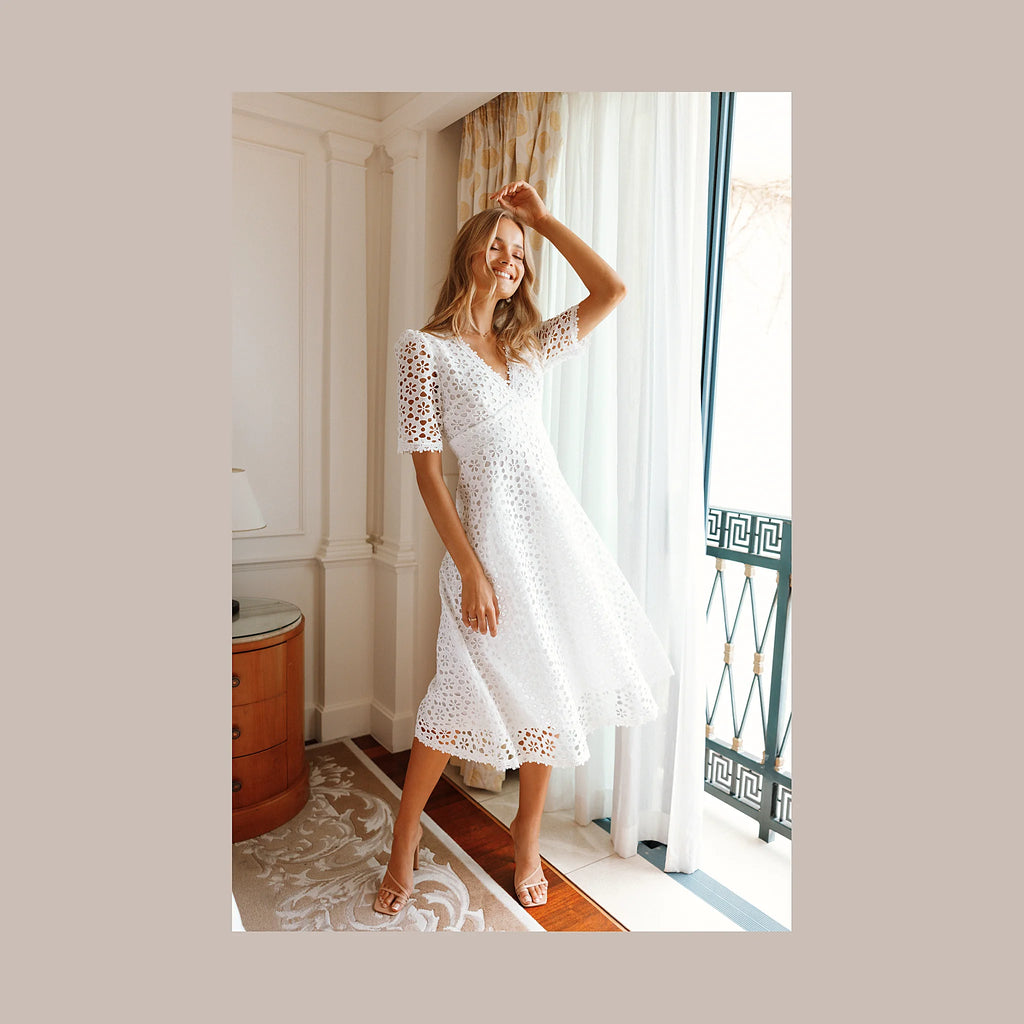 White cotton midi dress with a broderie anglaise overlay