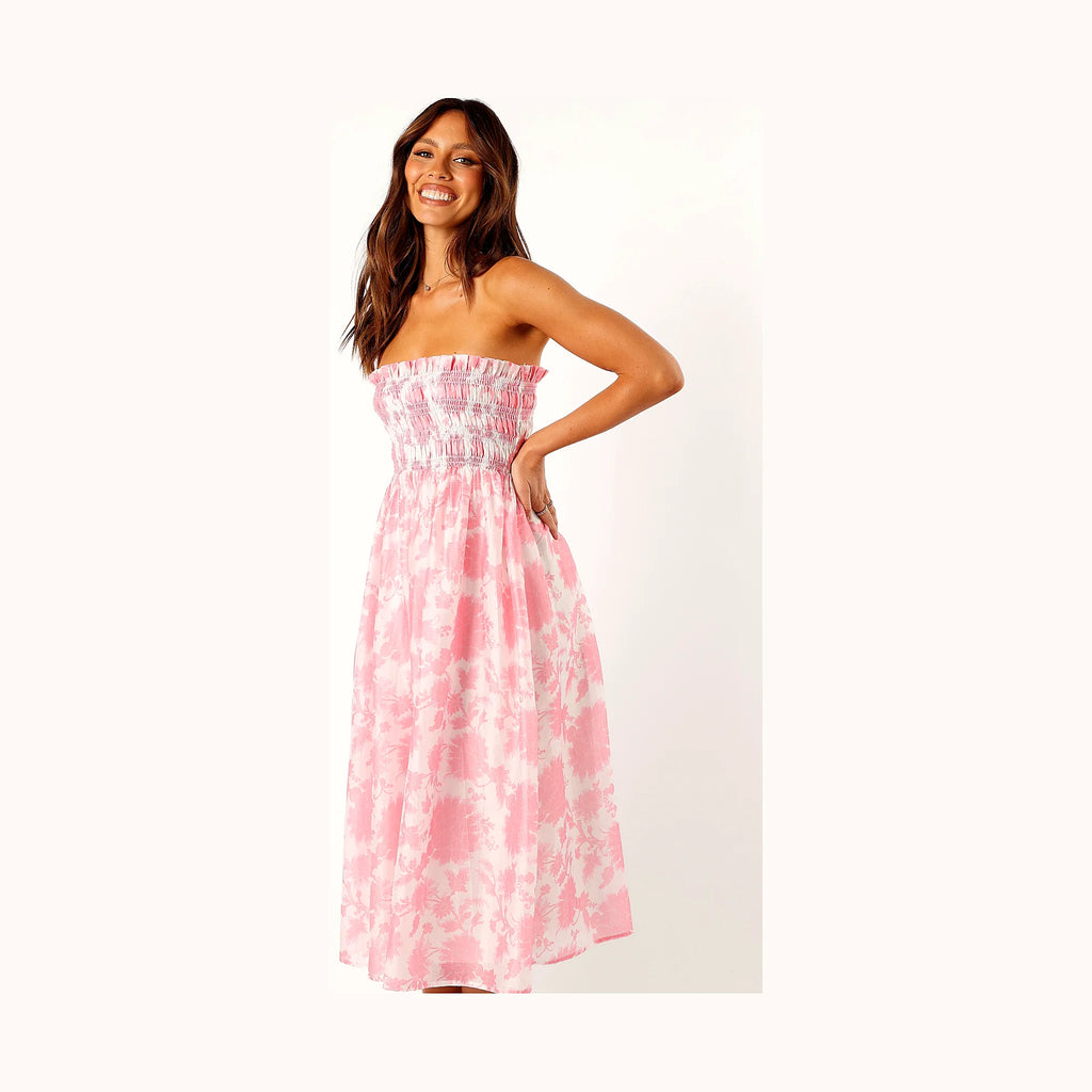 Carter Strapless Midi Dress - Pink Floral