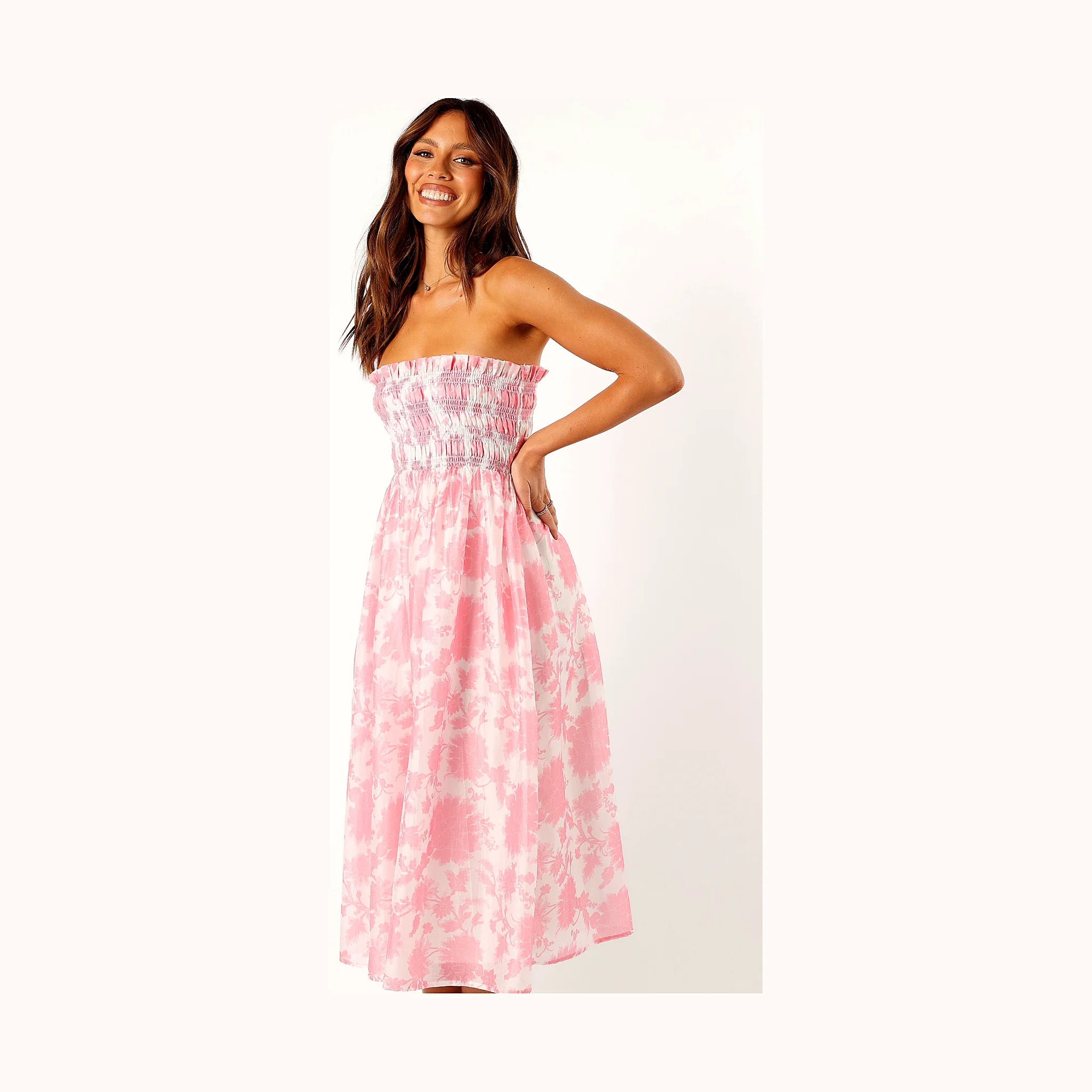 Carter Strapless Midi Dress - Pink Floral