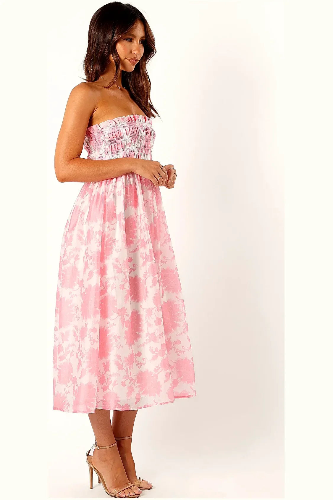 Carter Strapless Midi Dress - Pink Floral