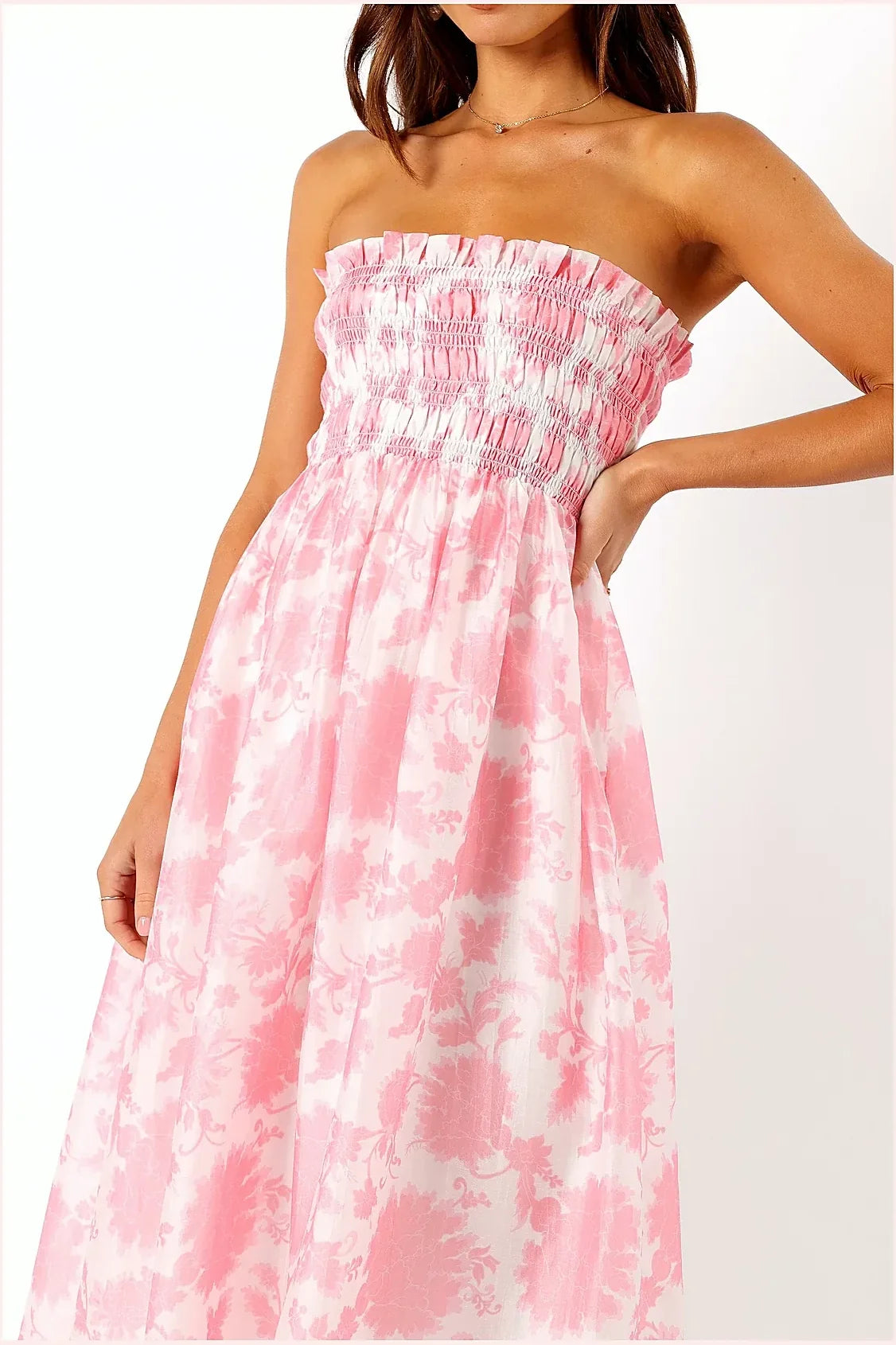 Carter Strapless Midi Dress - Pink Floral