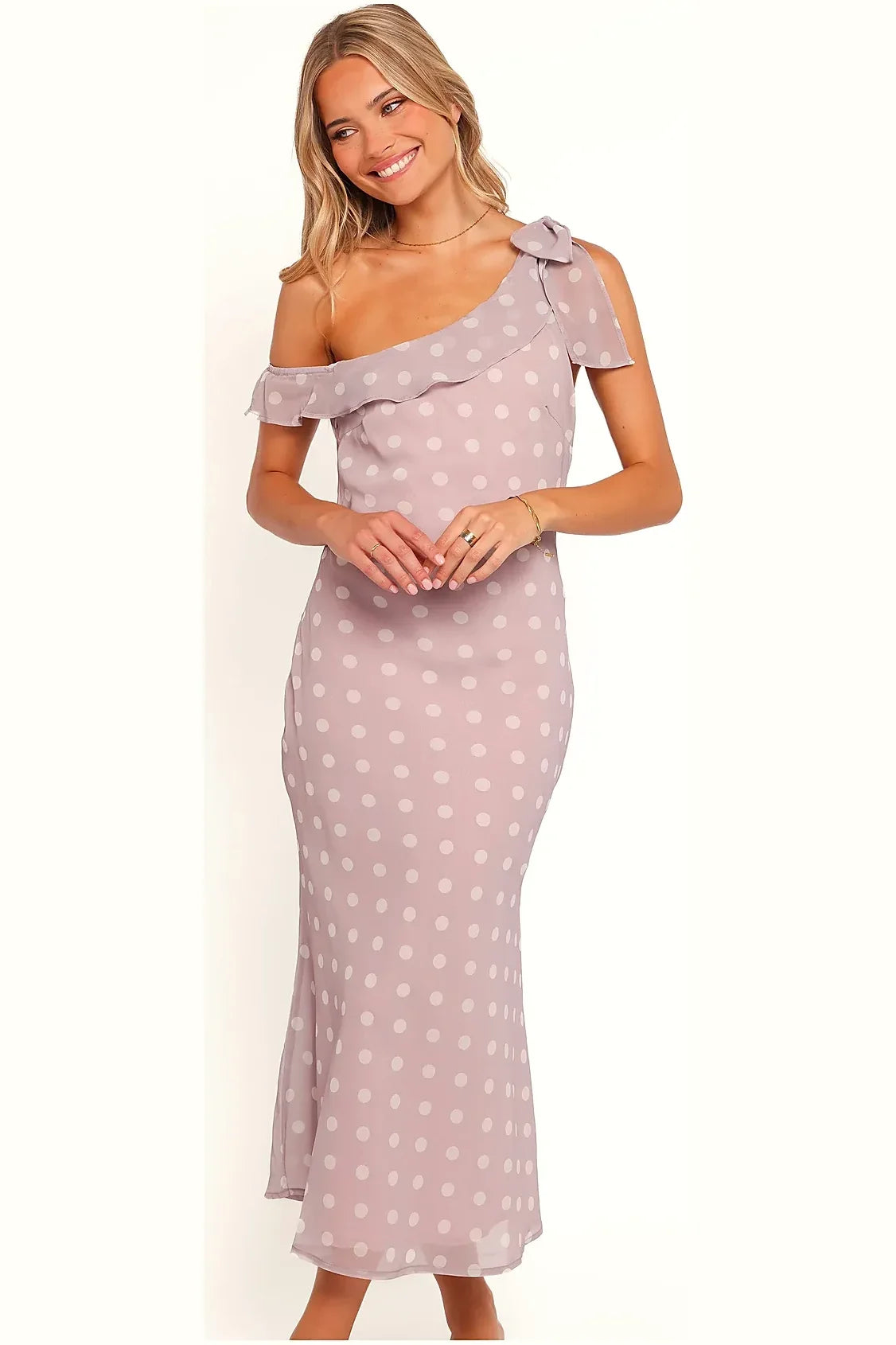 Lavender polka dot one-shoulder maxi dress, front view