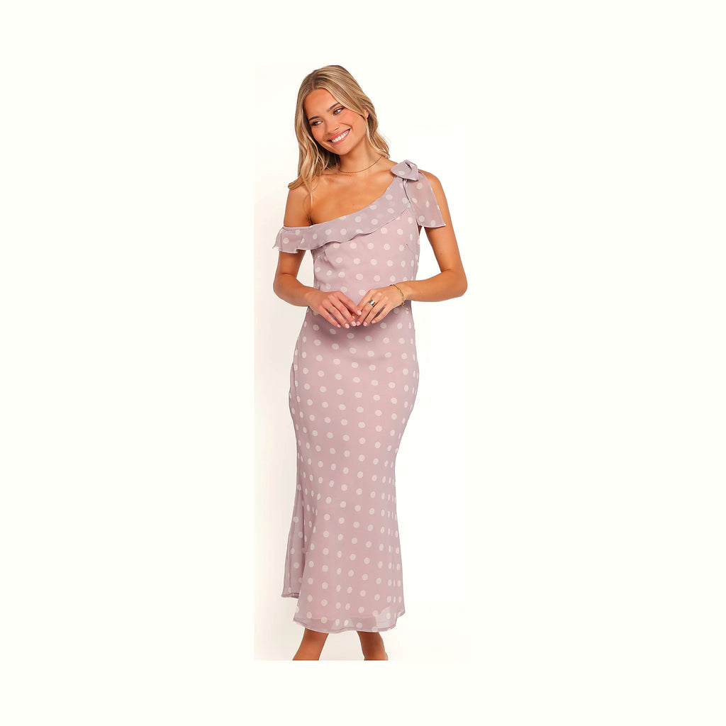 Lavender polka dot maxi dress with a one-shoulder neckline