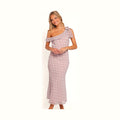 Lavender polka dot maxi dress with a one-shoulder neckline