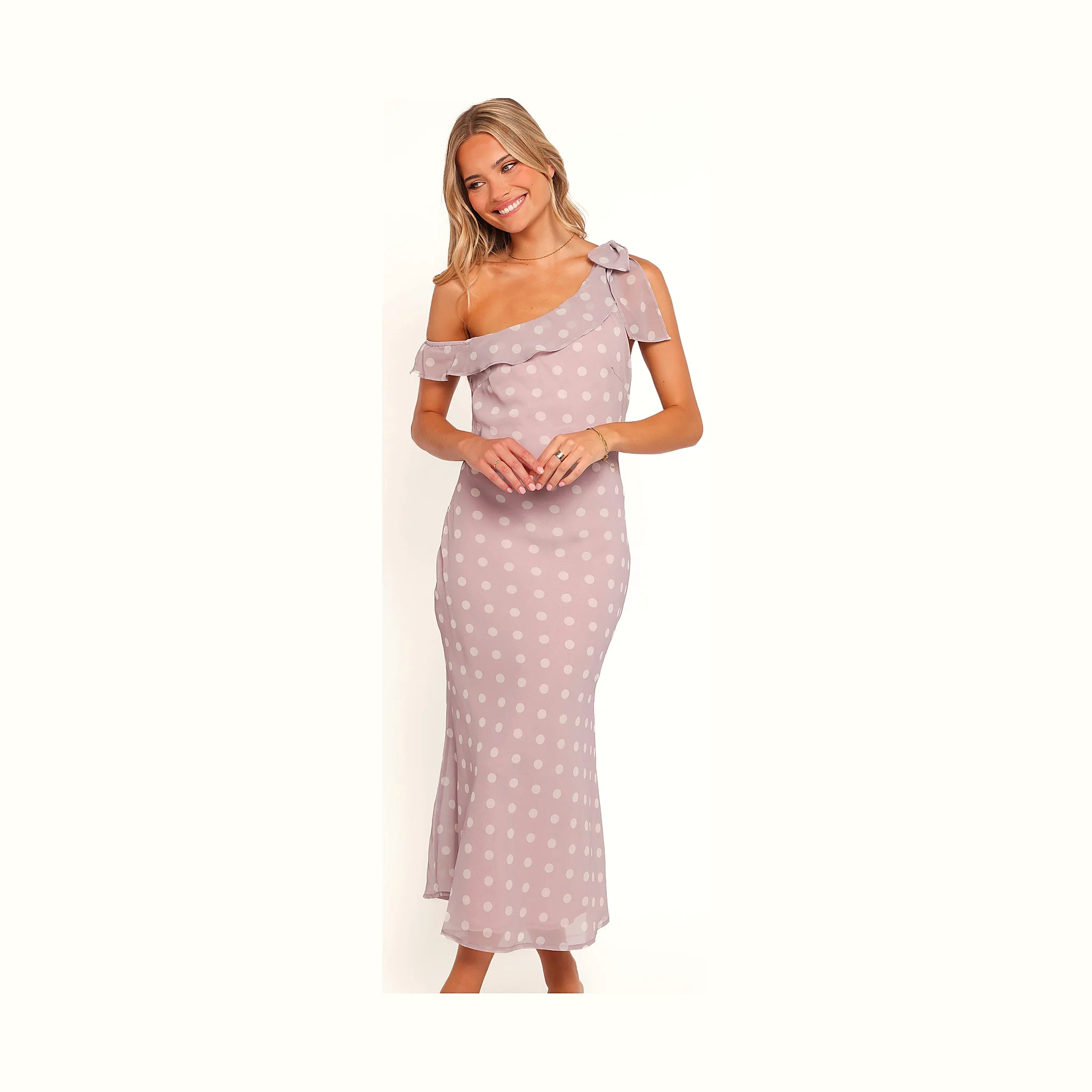 Lavender polka dot maxi dress with a one-shoulder neckline