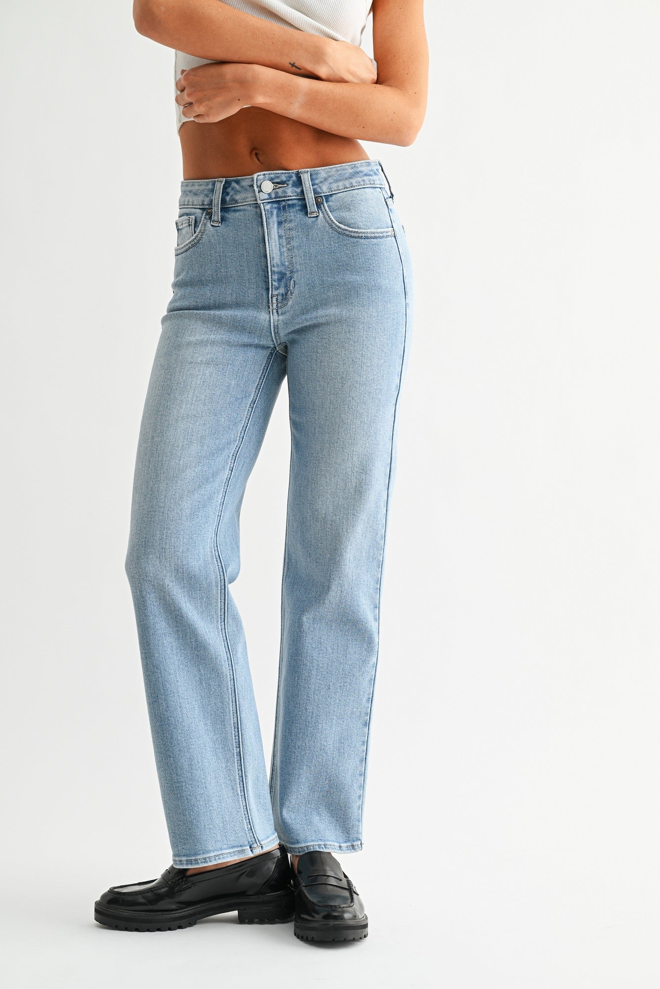 Soft durable cotton-poly denim in a timeless straight cut