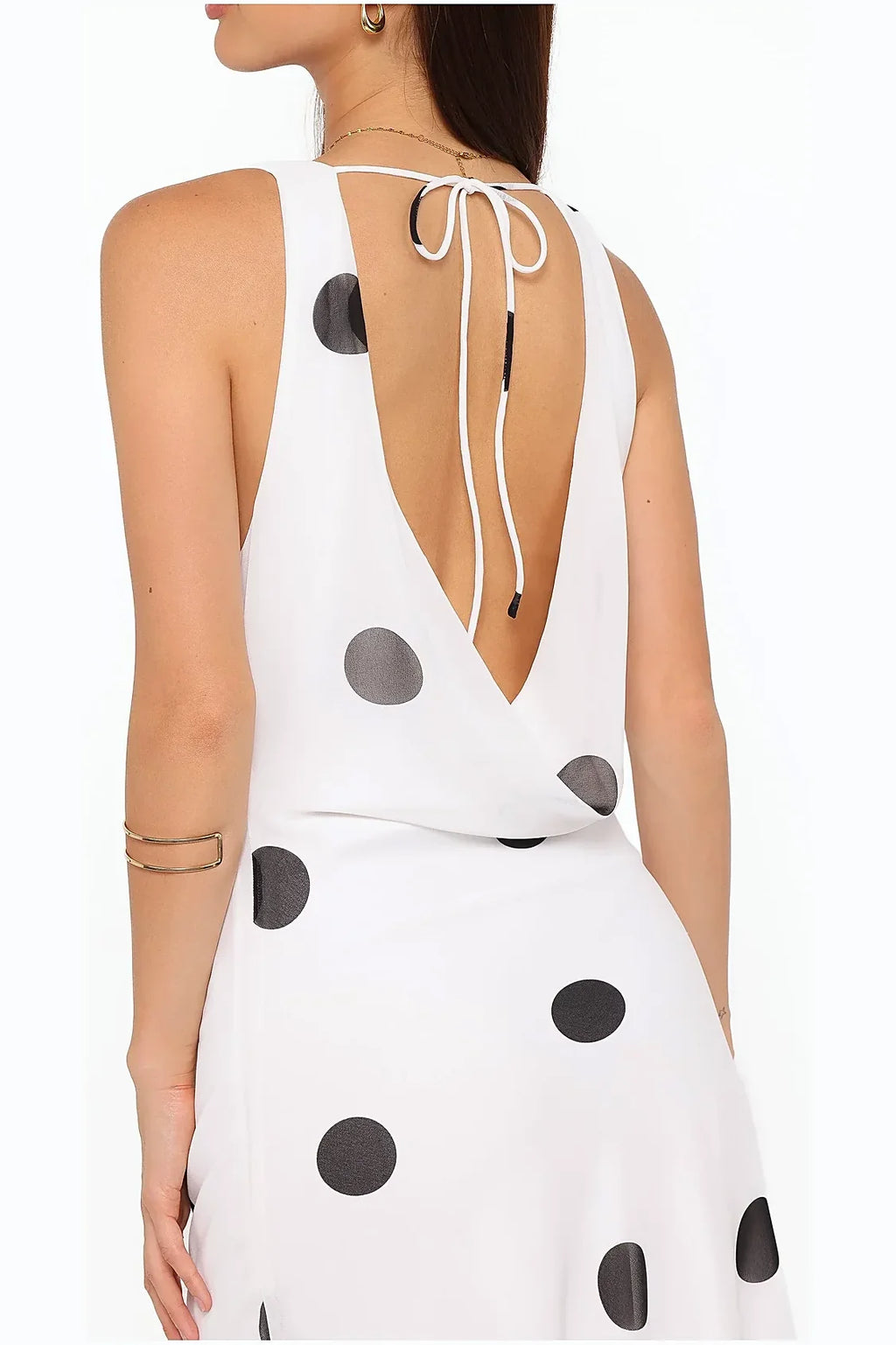 White polka dot maxi dress, front view
