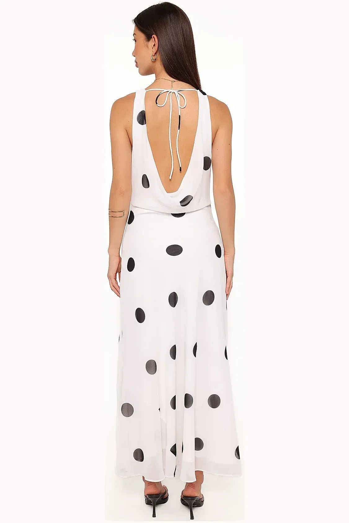 Polka dot print detail on the white maxi dress