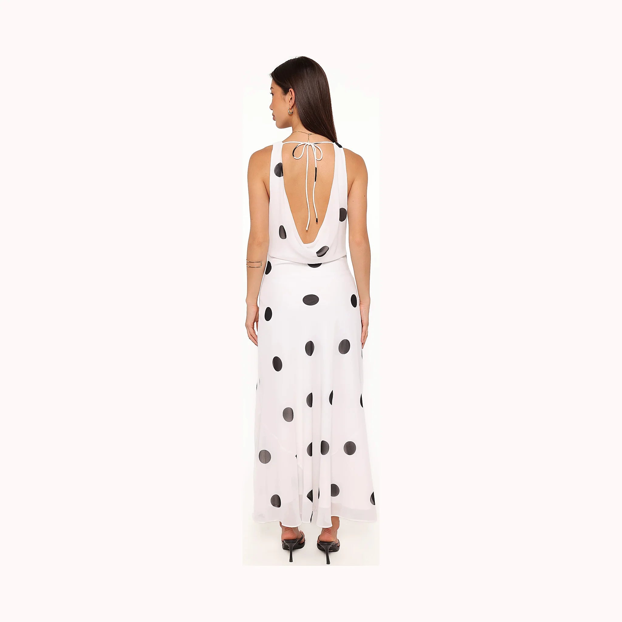 White polka dot maxi dress in a long straight cut