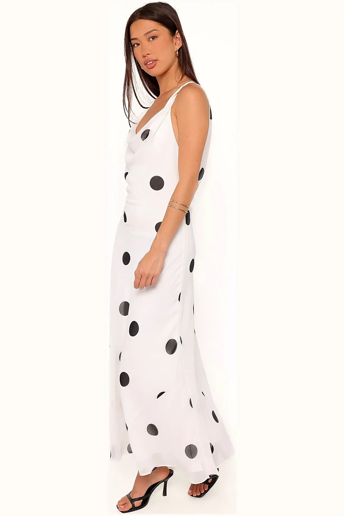 Back view of the white polka dot maxi dress