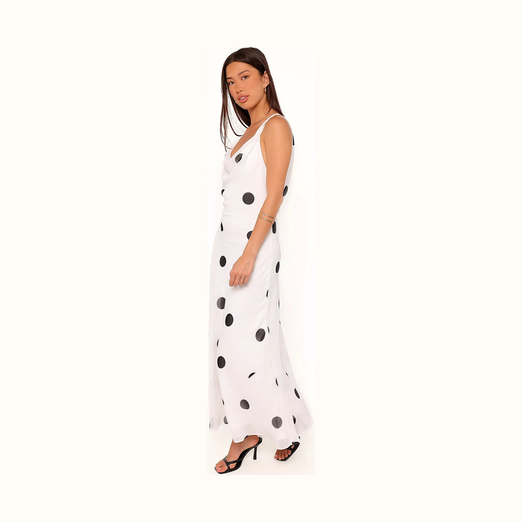 Floor-length polka dot dress in white