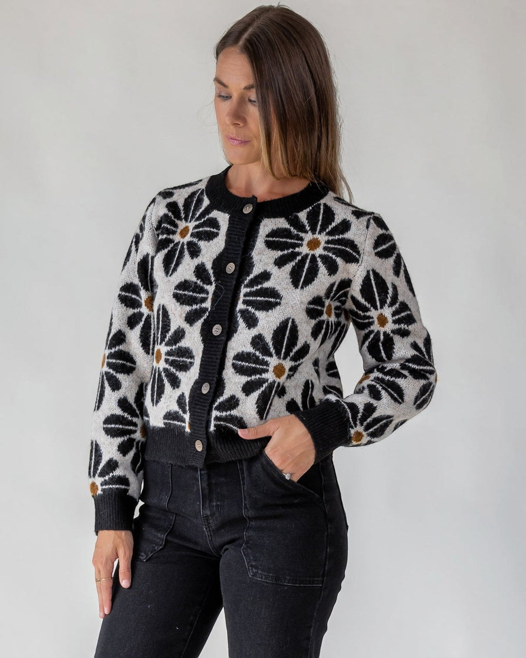 Black Floral Knit Cardigan