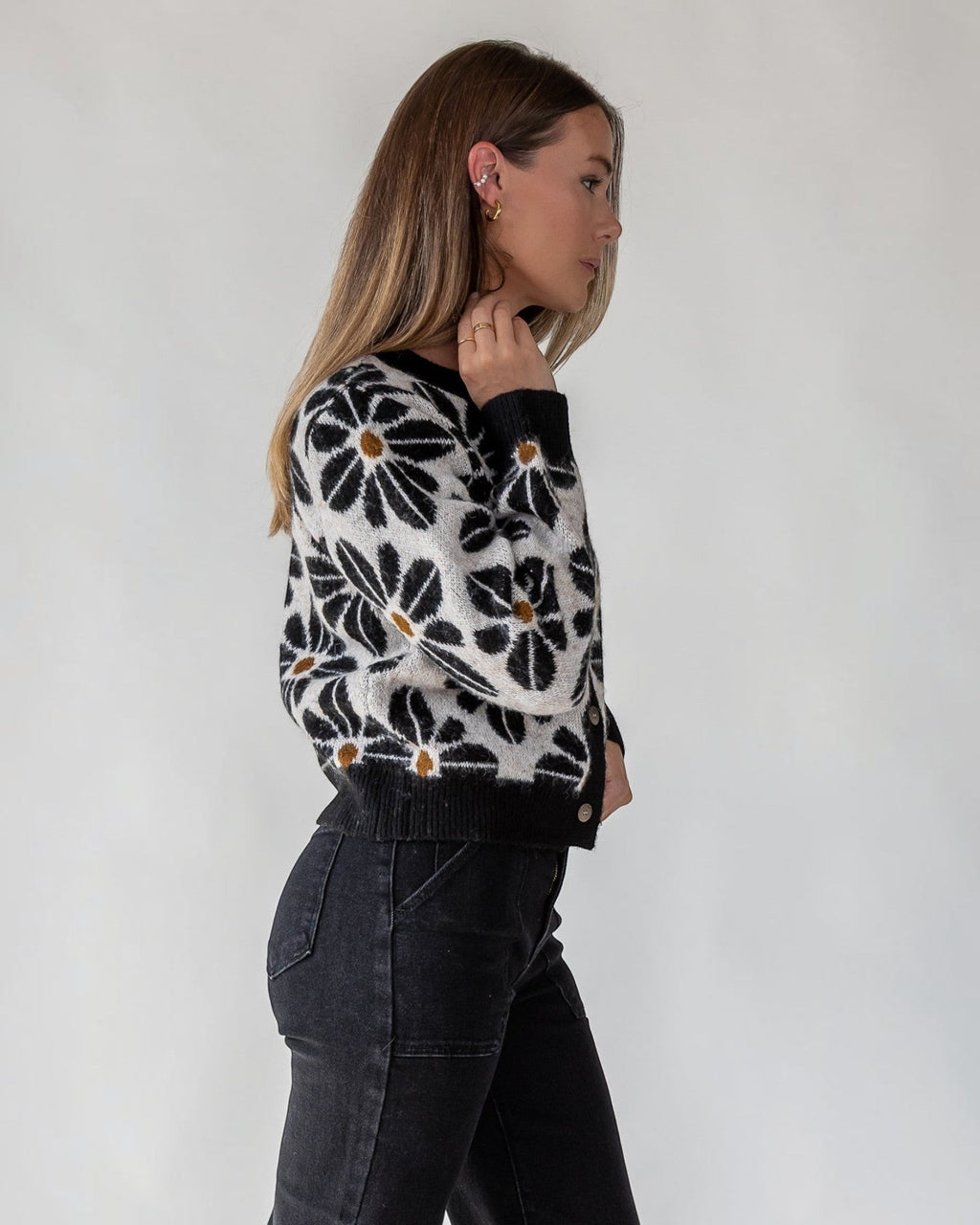 Black Floral Knit Cardigan