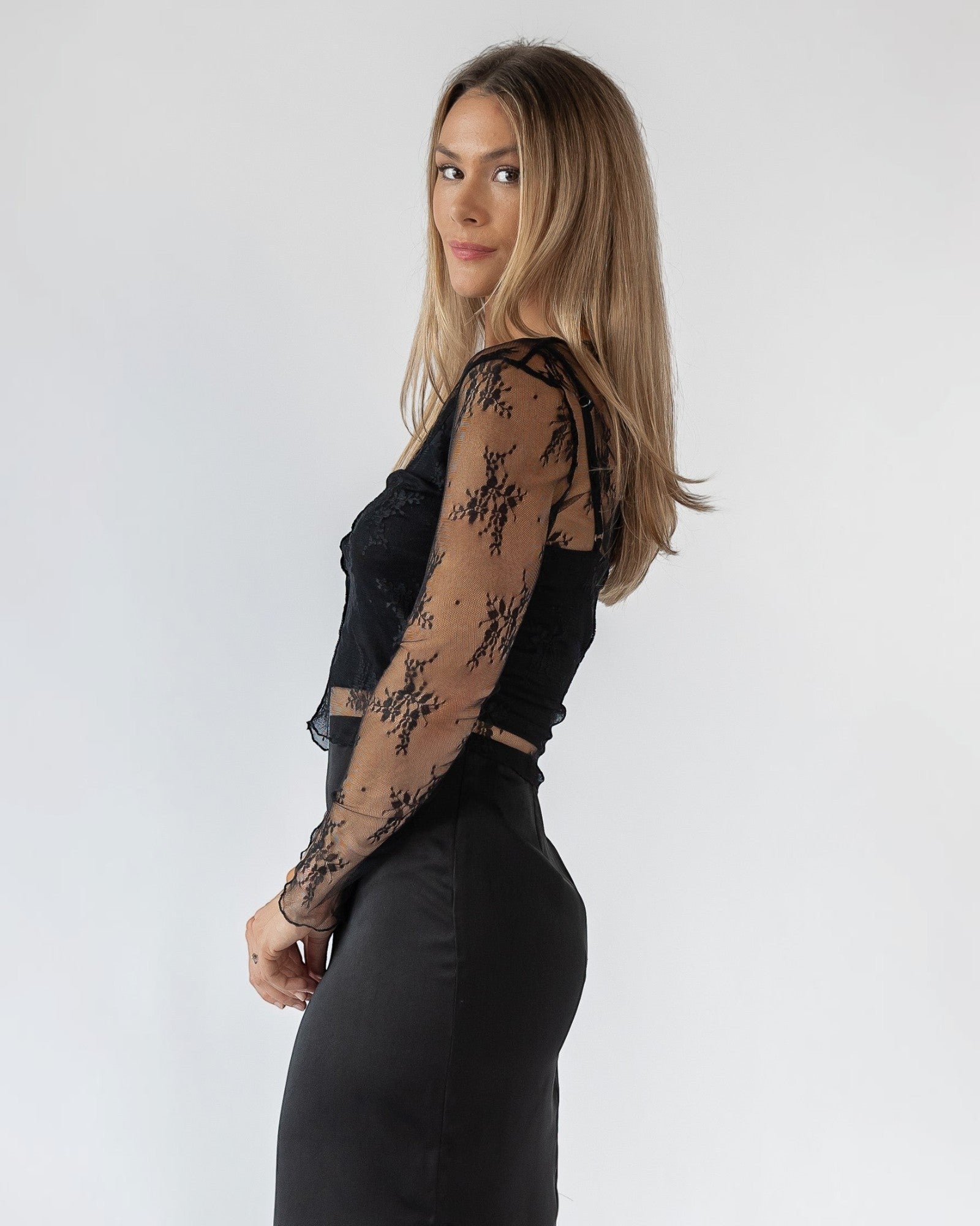Cropped length on a delicate stretch lace layering piece