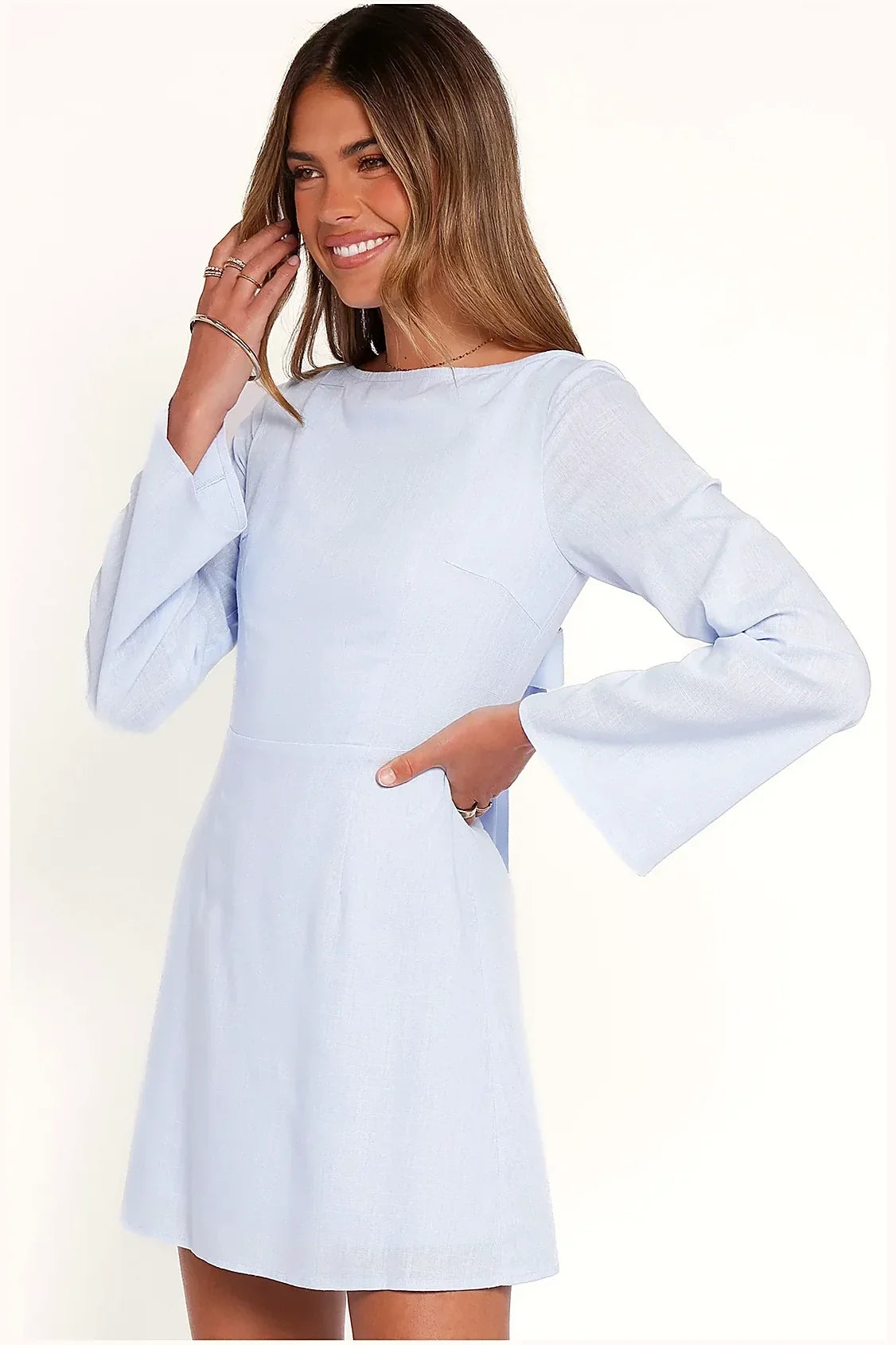 Detail of the flare sleeve on the periwinkle mini dress