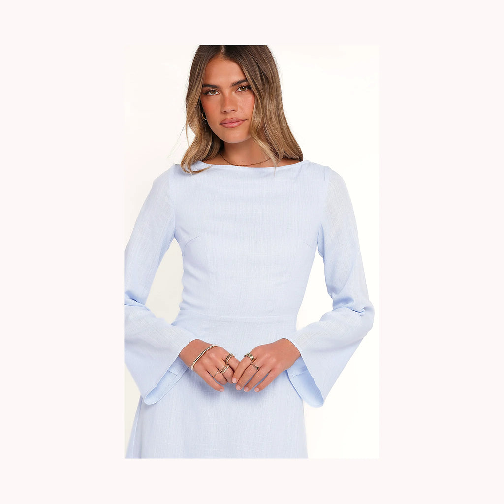 Blue mini dress with a back cut-out and tie close