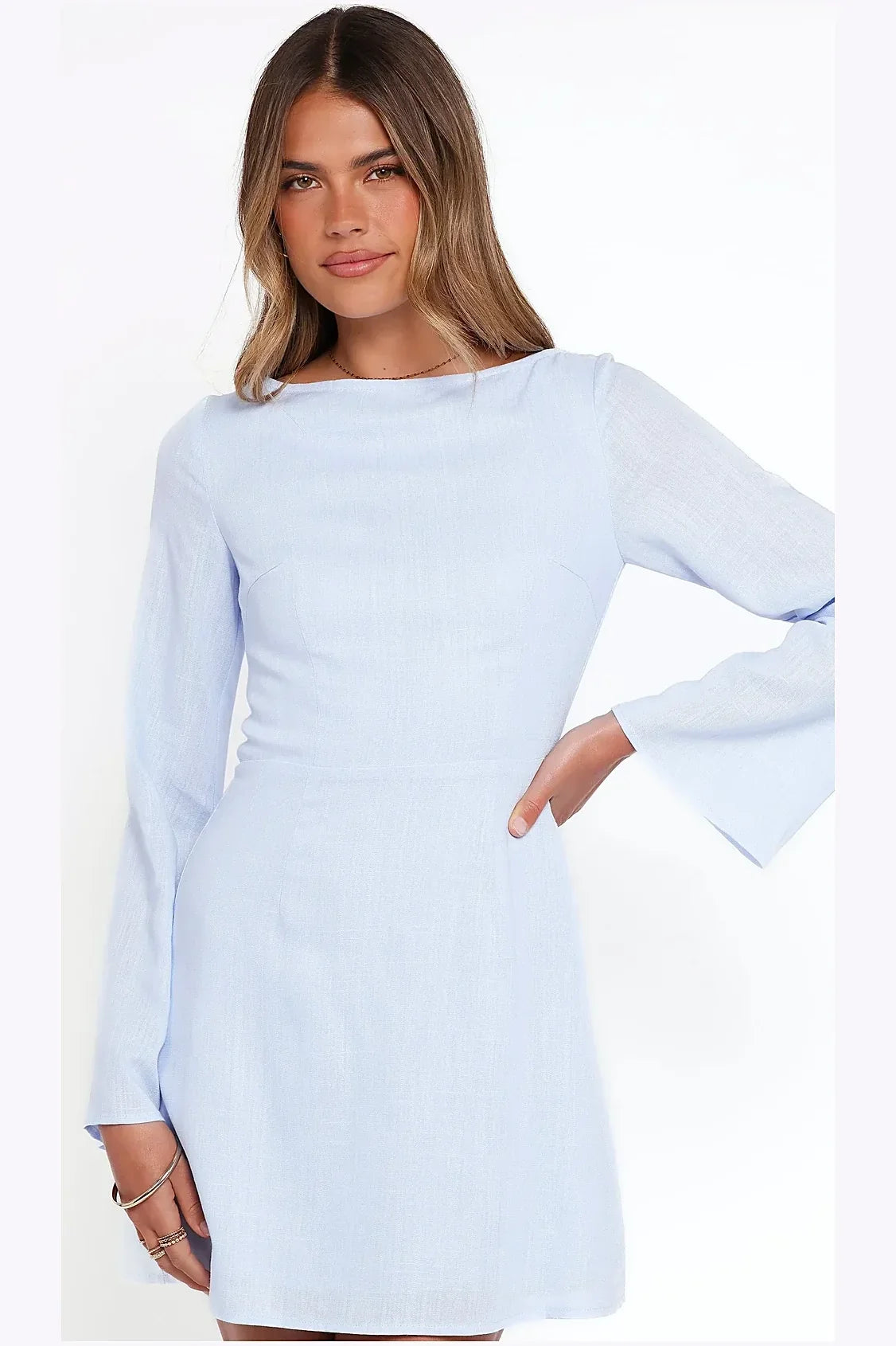 Periwinkle mini dress with flare sleeves, front view