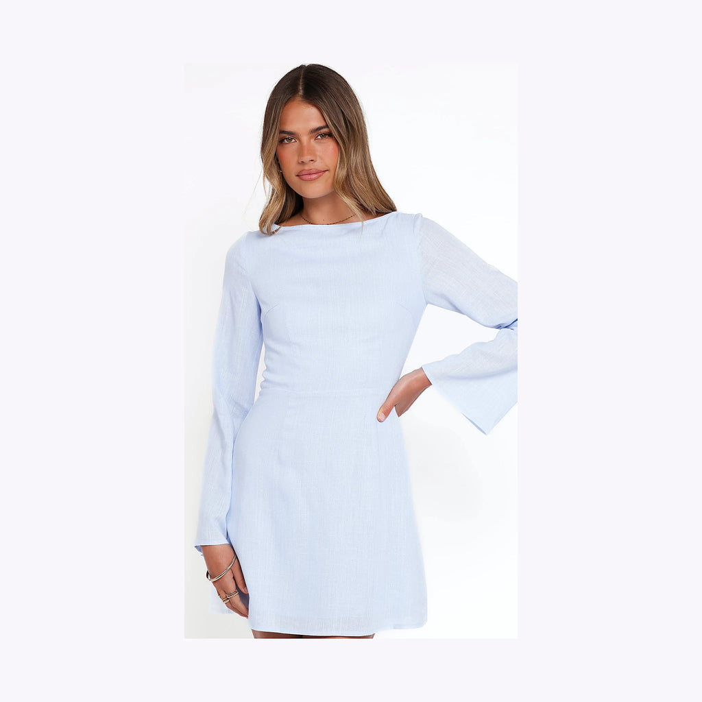Periwinkle blue mini dress with a boat neckline