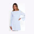 Periwinkle blue mini dress with a boat neckline