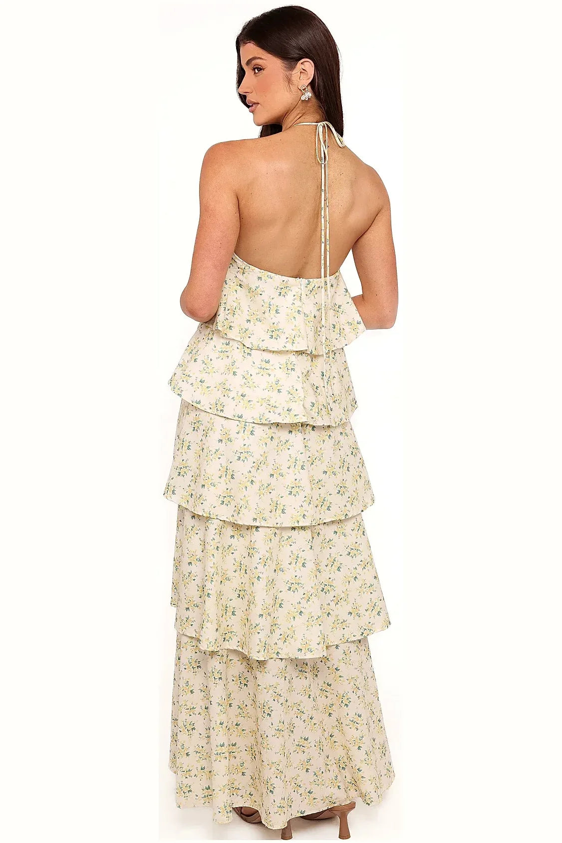 Yellow floral tiered halter maxi dress, front view
